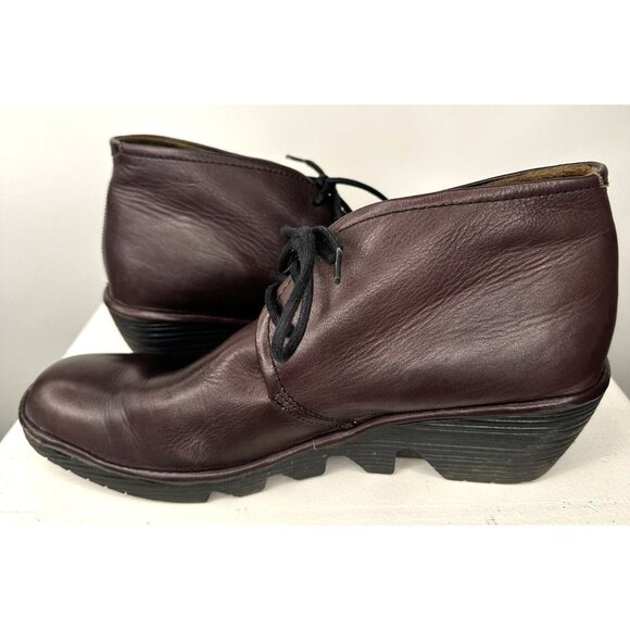 Fly London Womens Boots Leather Ankle Wedge Heel Lace-Up Burgundy 39 US 8-8.5 - Picture 4 of 13